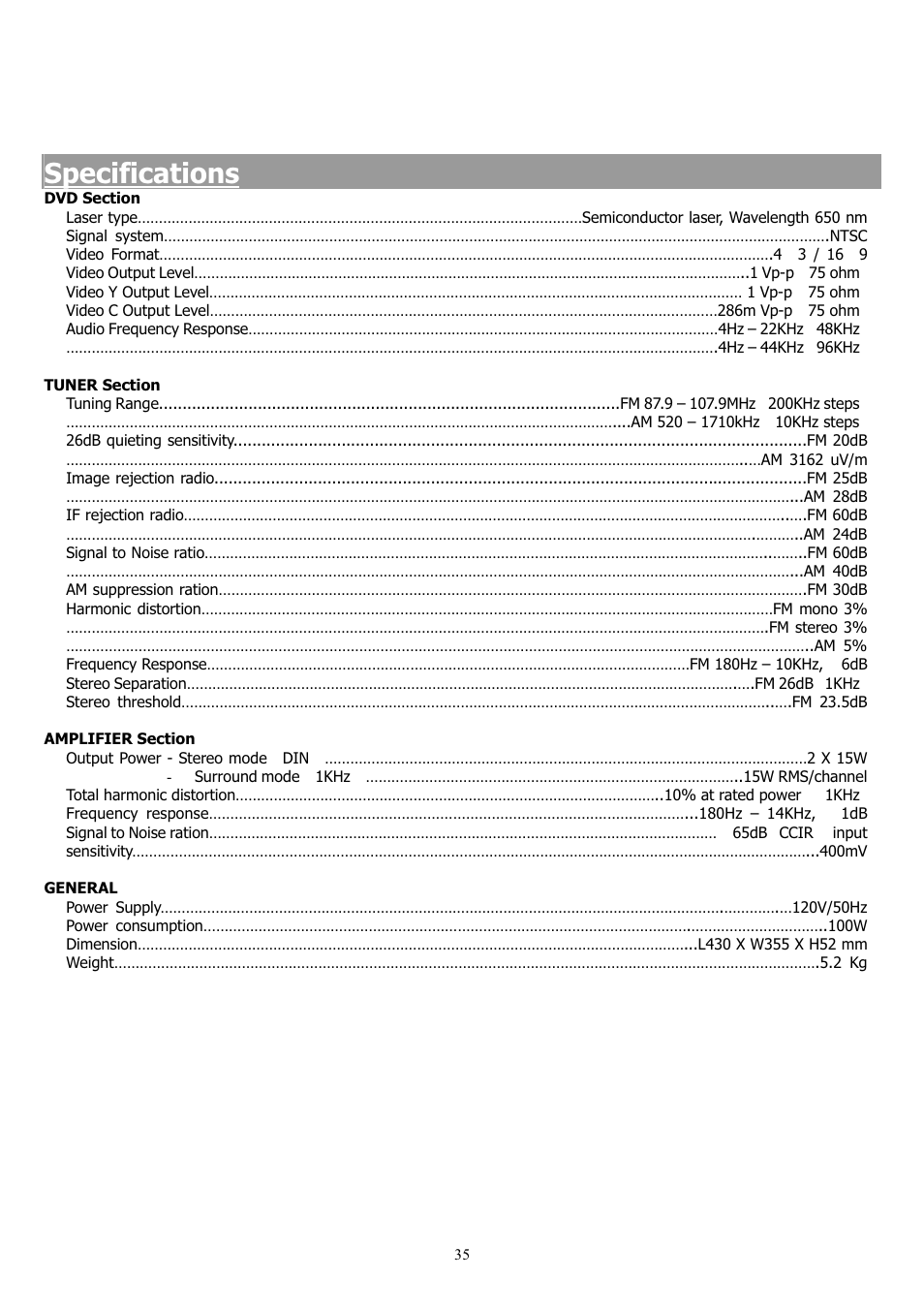 Specifications | Saba 31-5023 User Manual | Page 35 / 36