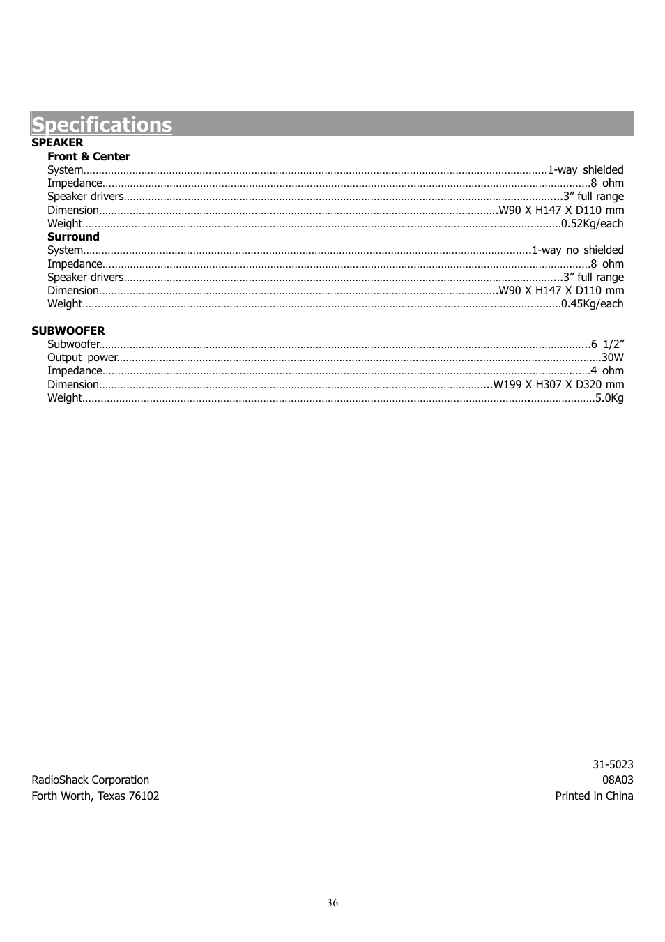 Specifications | Saba 31-5023 User Manual | Page 36 / 36