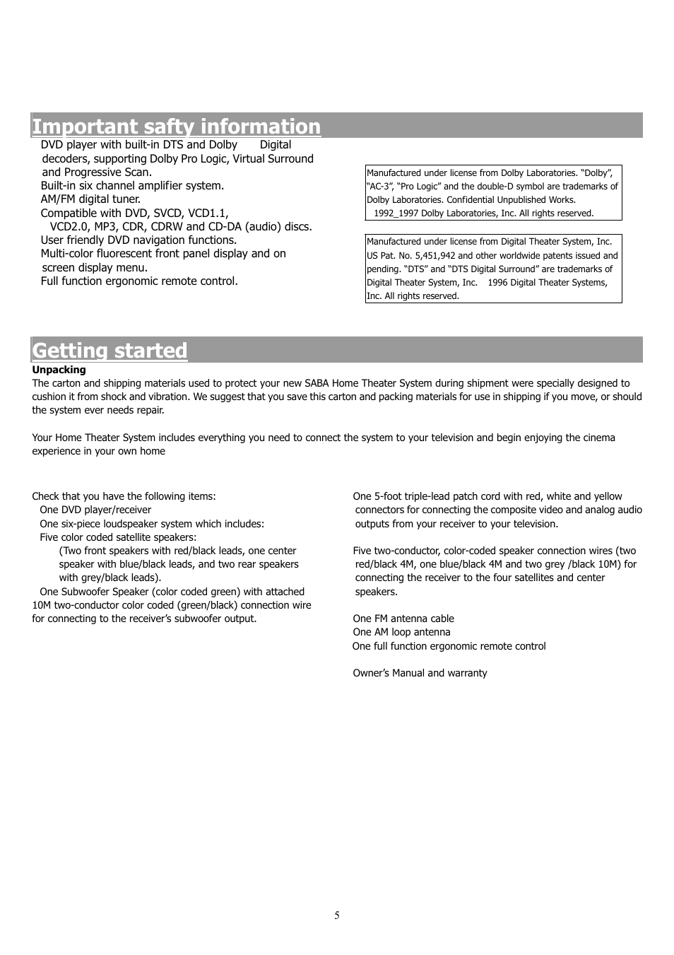 Important safty information, Getting started | Saba 31-5023 User Manual | Page 5 / 36