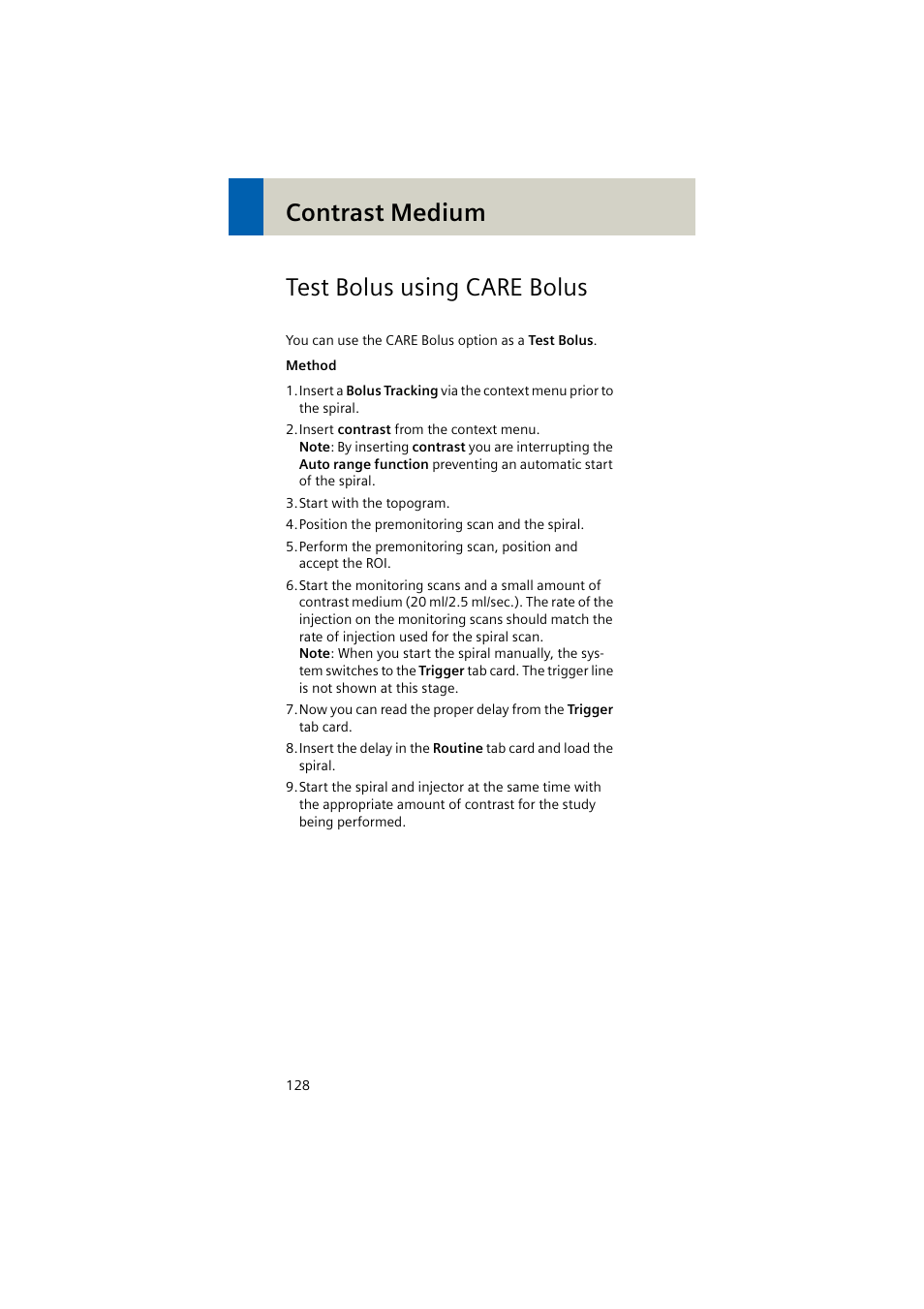 Test bolus using care bolus, Contrast medium test bolus using care bolus | Siemens EMOTION 16-Jun User Manual | Page 128 / 590