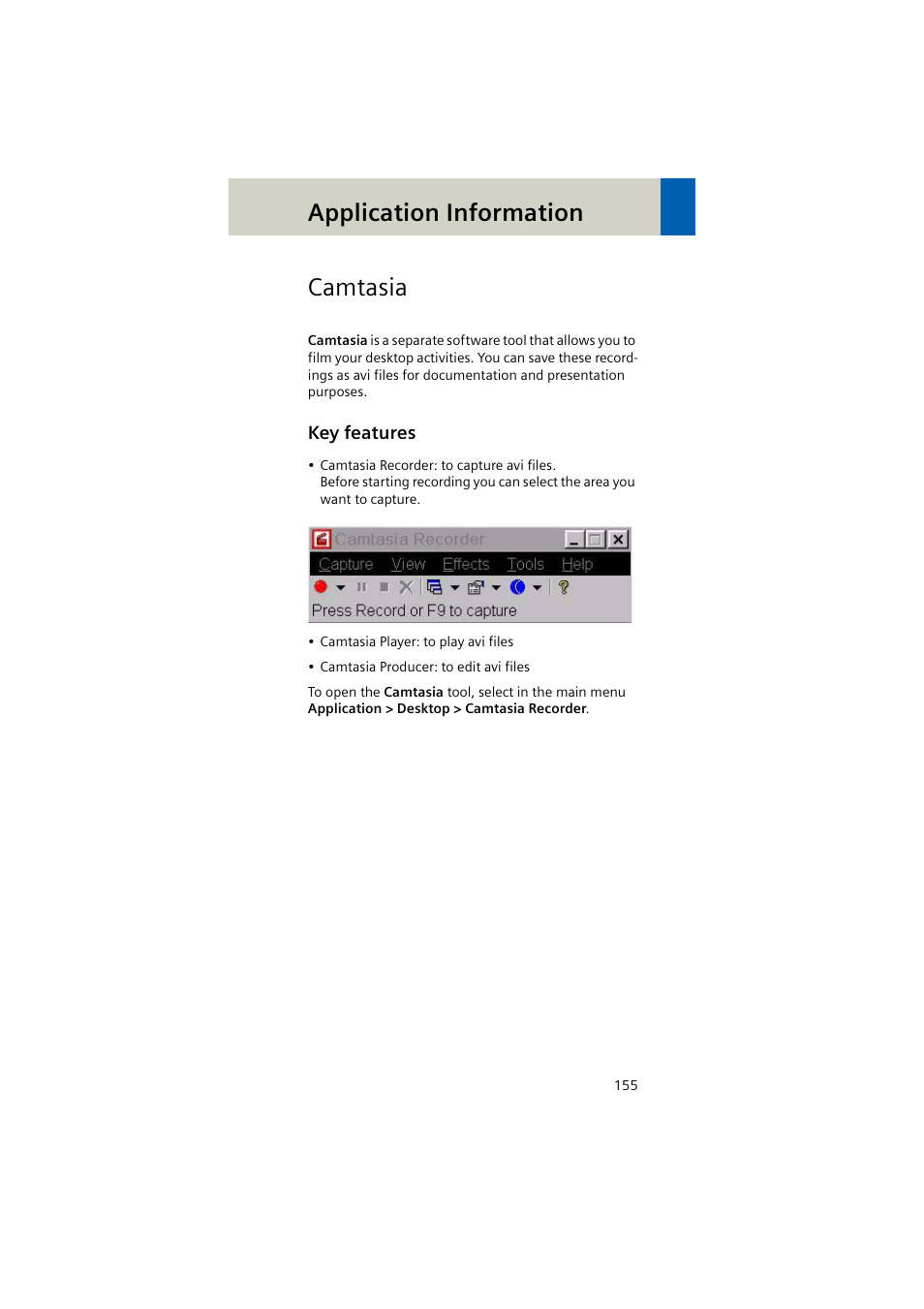 Camtasia, Key features, Application information | Siemens EMOTION 16-Jun User Manual | Page 155 / 590