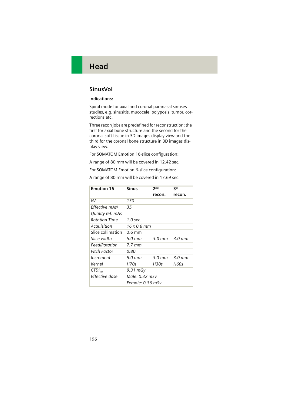 Sinusvol, Sinusvol 196, Head | Siemens EMOTION 16-Jun User Manual | Page 196 / 590