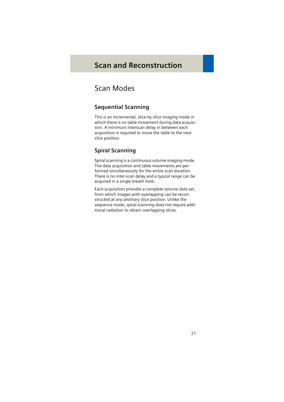 Scan modes, Sequential scanning, Spiral scanning | Scan and reconstruction | Siemens EMOTION 16-Jun User Manual | Page 21 / 590