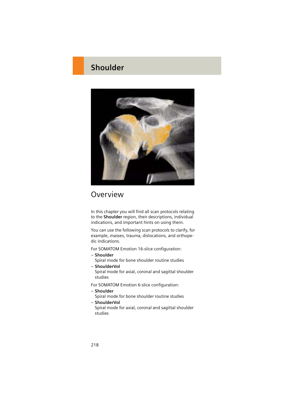 Shoulder, Overview | Siemens EMOTION 16-Jun User Manual | Page 218 / 590