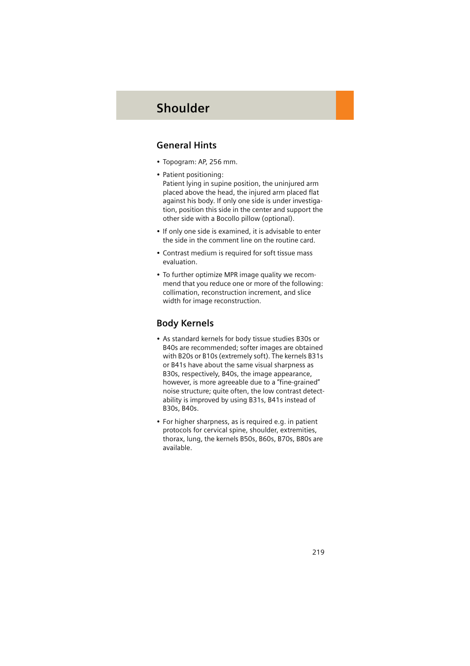 General hints, Body kernels, Shoulder | Siemens EMOTION 16-Jun User Manual | Page 219 / 590