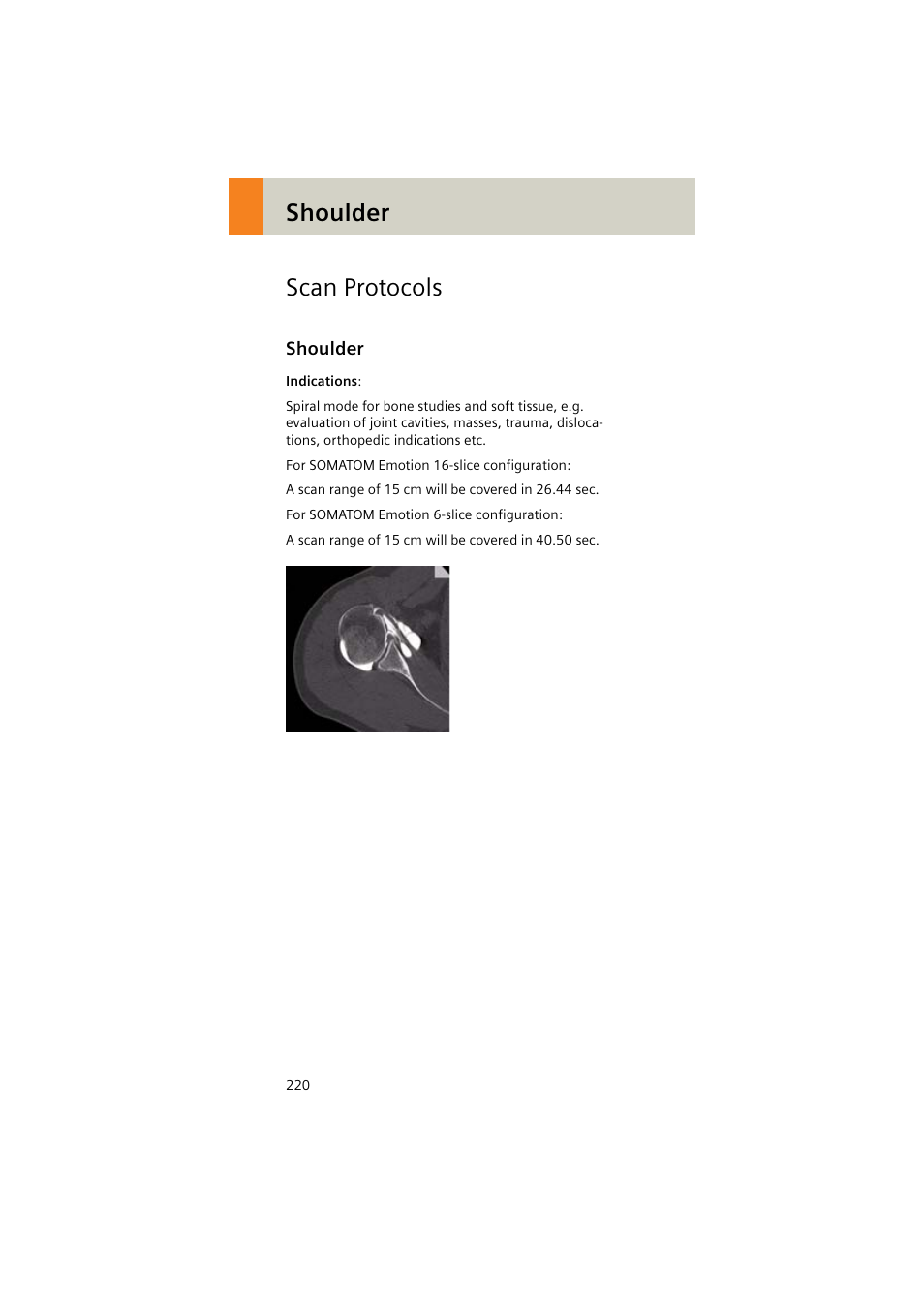 Scan protocols, Shoulder, Shoulder 220 | Shoulder scan protocols | Siemens EMOTION 16-Jun User Manual | Page 220 / 590