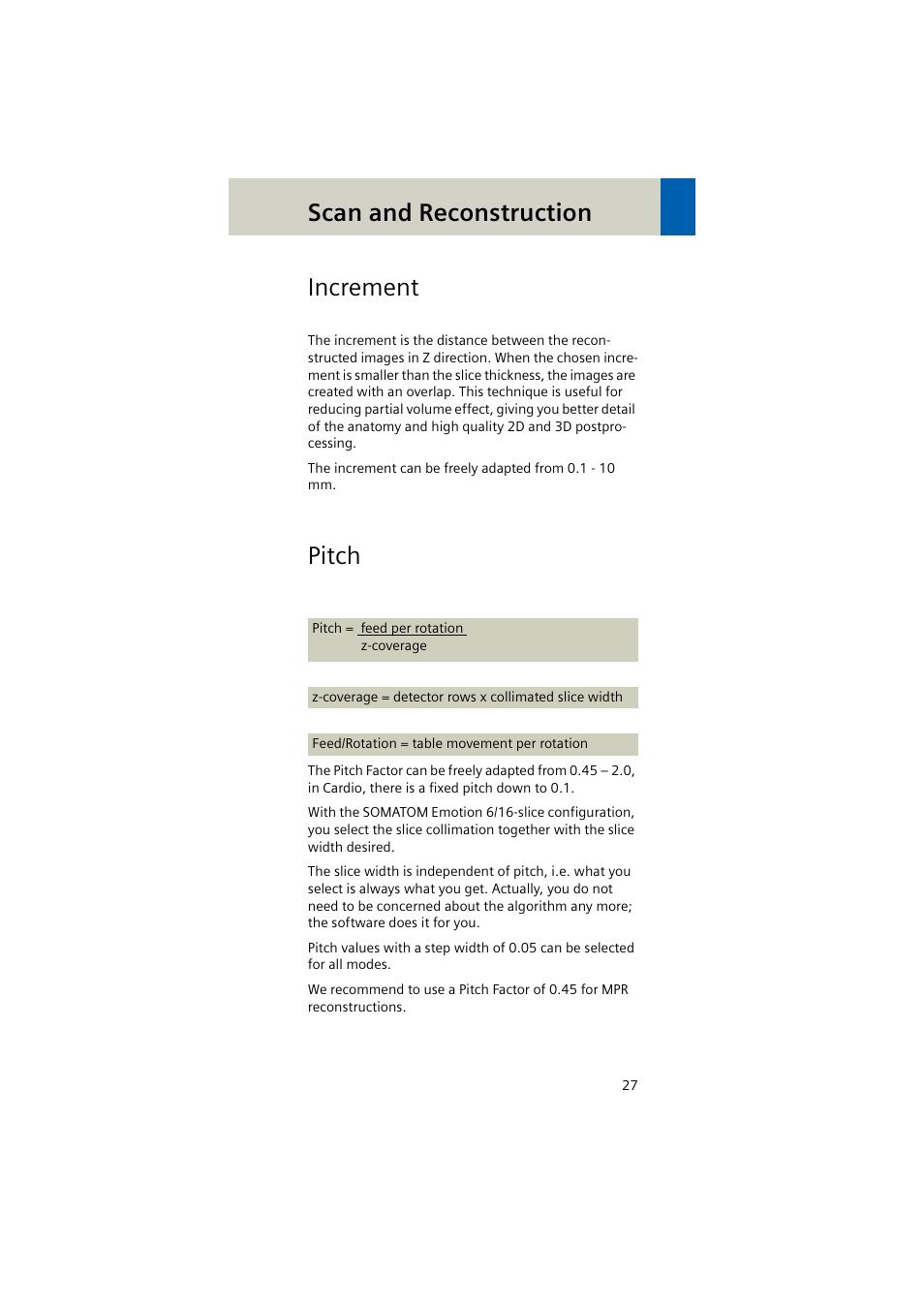 Increment, Pitch, Scan and reconstruction | Siemens EMOTION 16-Jun User Manual | Page 27 / 590