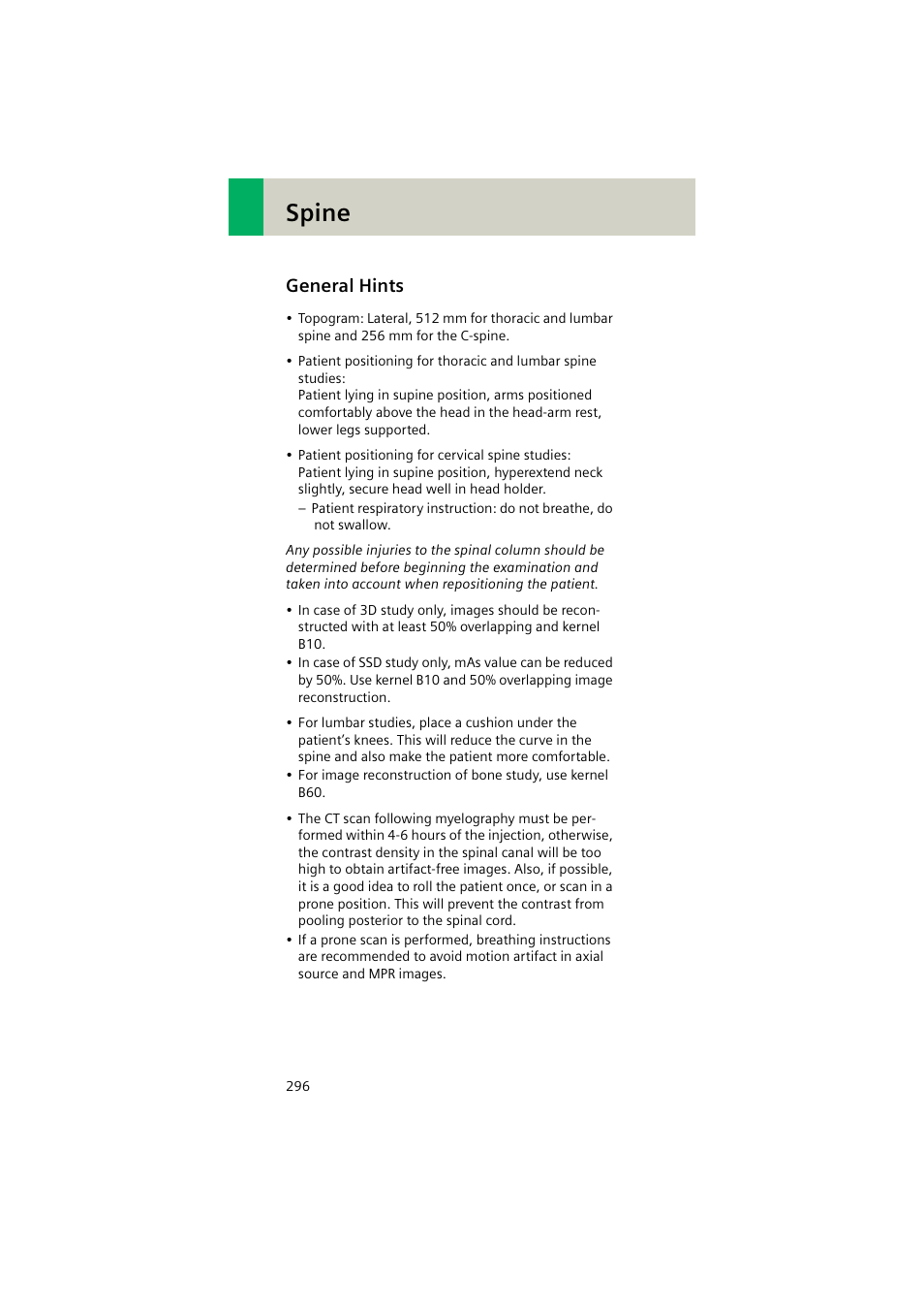 General hints, Spine | Siemens EMOTION 16-Jun User Manual | Page 296 / 590