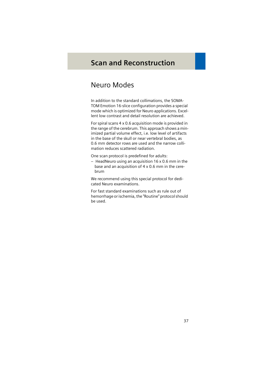 Neuro modes, Scan and reconstruction | Siemens EMOTION 16-Jun User Manual | Page 37 / 590