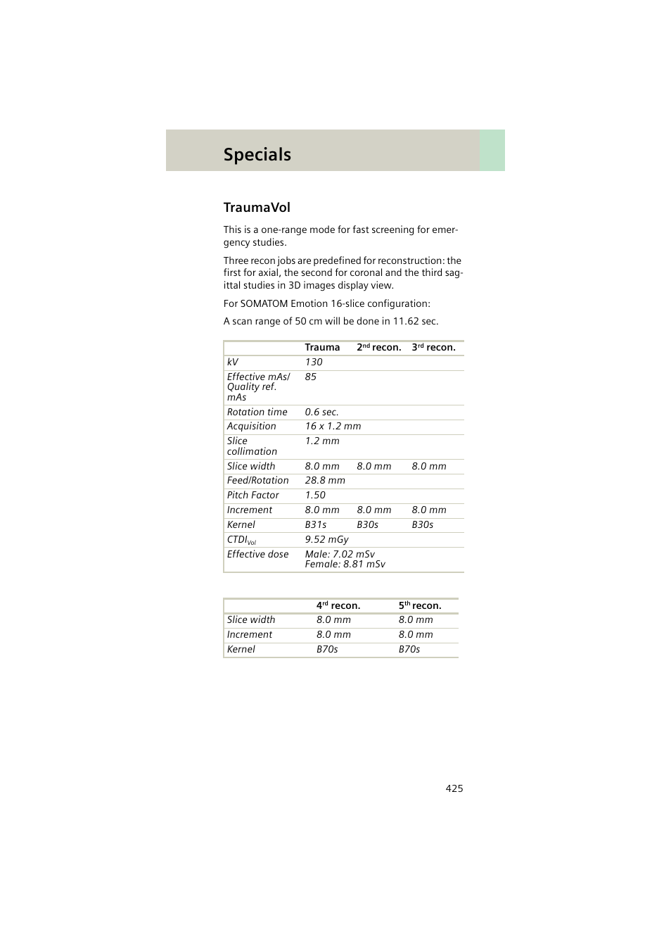 Traumavol, Traumavol 425, Specials | Siemens EMOTION 16-Jun User Manual | Page 425 / 590