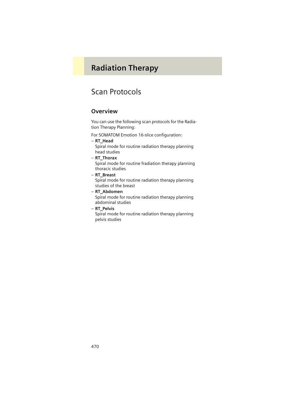 Scan protocols, Overview, Overview 470 | Radiation therapy scan protocols | Siemens EMOTION 16-Jun User Manual | Page 470 / 590