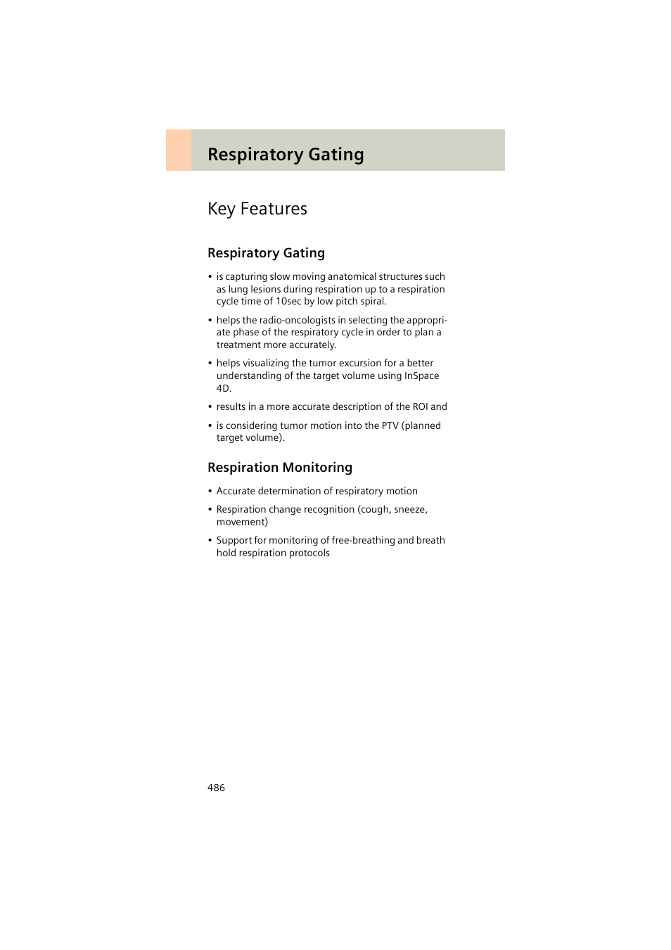 Key features, Respiratory gating, Respiration monitoring | Respiration monitoring 486, Respiratory gating key features | Siemens EMOTION 16-Jun User Manual | Page 486 / 590