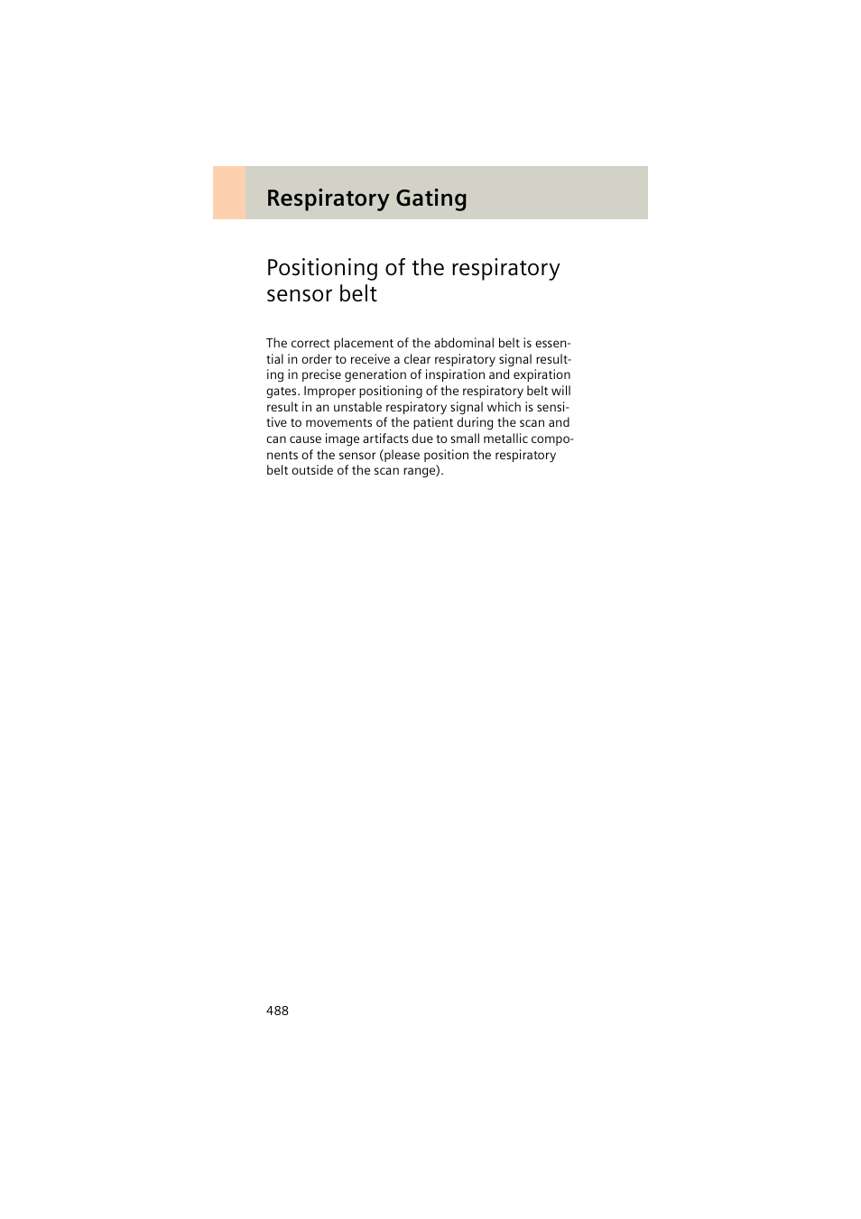 Positioning of the respiratory sensor belt, Positioning of the respiratory sensor belt 488 | Siemens EMOTION 16-Jun User Manual | Page 488 / 590