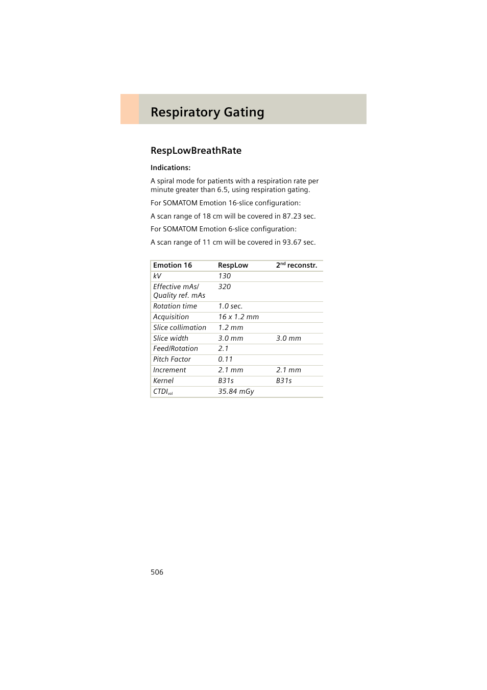 Resplowbreathrate, Resplowbreathrate 506, Respiratory gating | Siemens EMOTION 16-Jun User Manual | Page 506 / 590