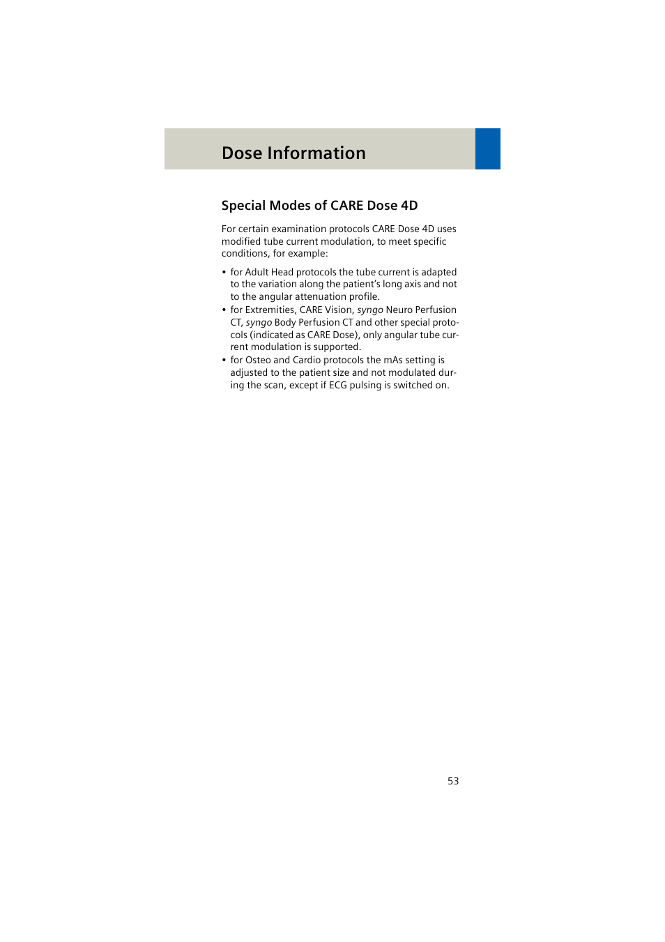 Special modes of care dose 4d, Dose information | Siemens EMOTION 16-Jun User Manual | Page 53 / 590