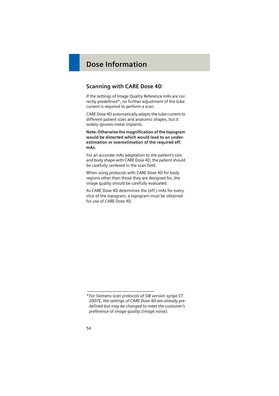 Scanning with care dose 4d, Dose information | Siemens EMOTION 16-Jun User Manual | Page 54 / 590