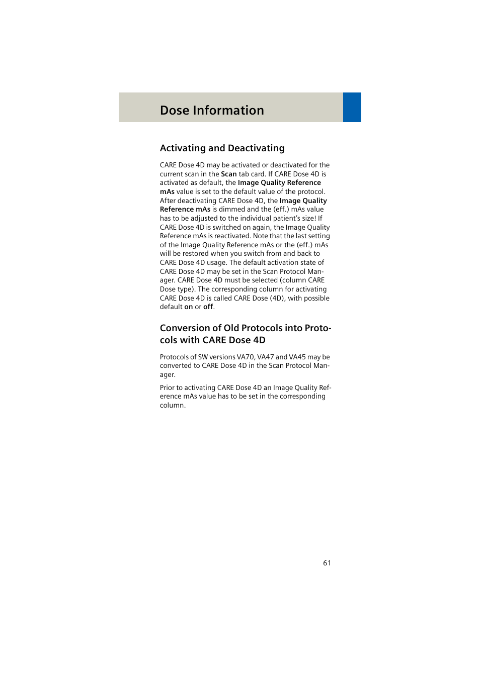 Activating and deactivating, Conversion of old protocols into protocols, With care dose 4d 61 | Dose information | Siemens EMOTION 16-Jun User Manual | Page 61 / 590