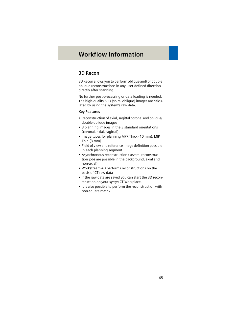 3d recon, Workflow information | Siemens EMOTION 16-Jun User Manual | Page 65 / 590