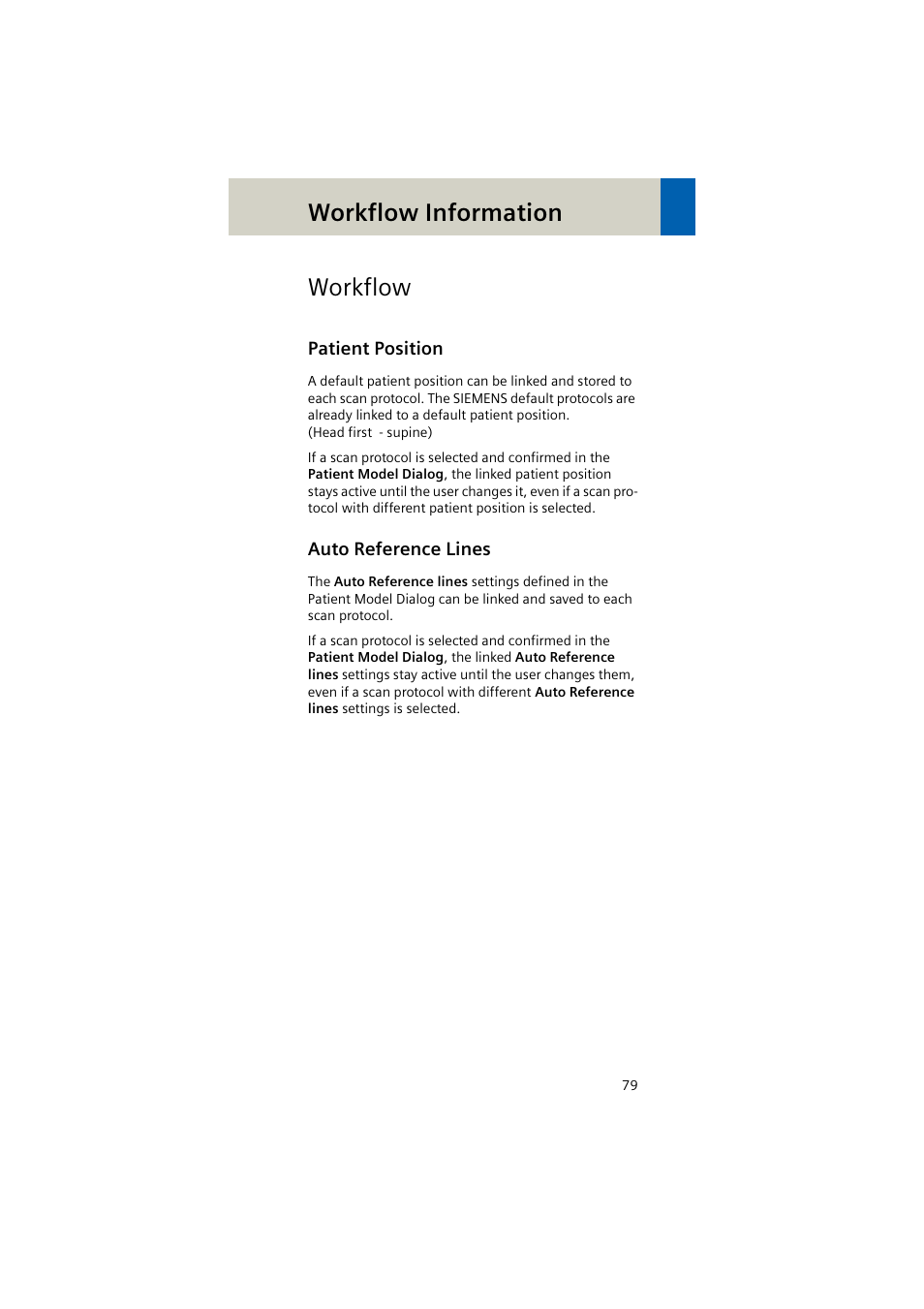 Workflow, Patient position, Auto reference lines | Workflow information | Siemens EMOTION 16-Jun User Manual | Page 79 / 590