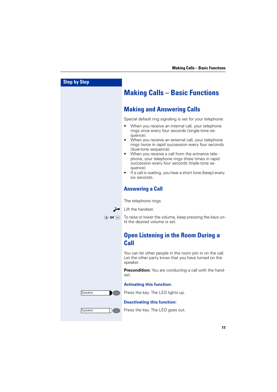 Making calls – basic functions, Making and answering calls, Answering a call | Open listening in the room during a call | Siemens HIPATH 5000 User Manual | Page 11 / 72