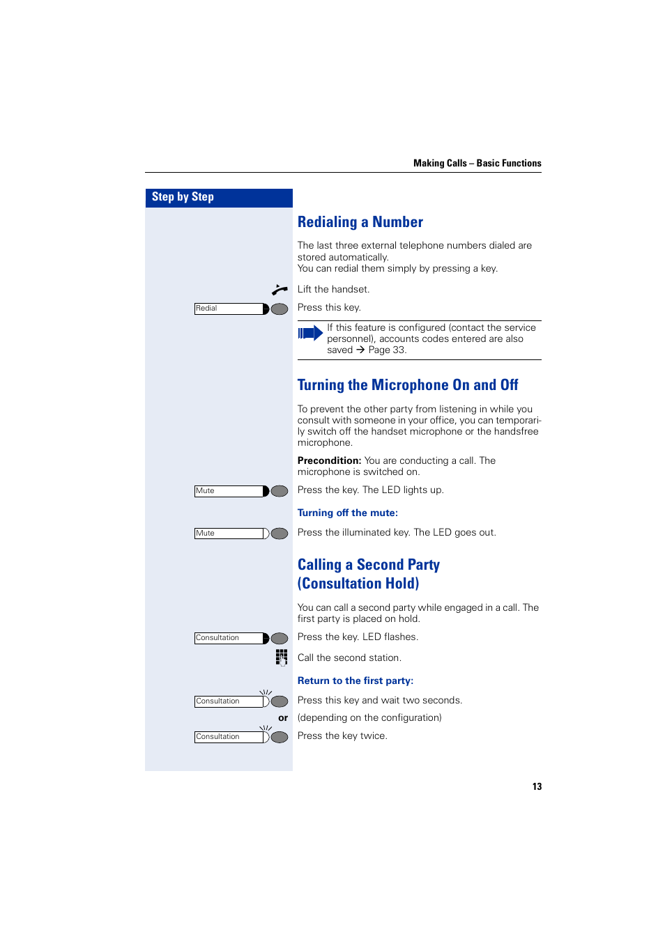 Redialing a number, Turning the microphone on and off, Calling a second party (consultationhold) | Calling a second party (consultation hold) | Siemens HIPATH 5000 User Manual | Page 13 / 72