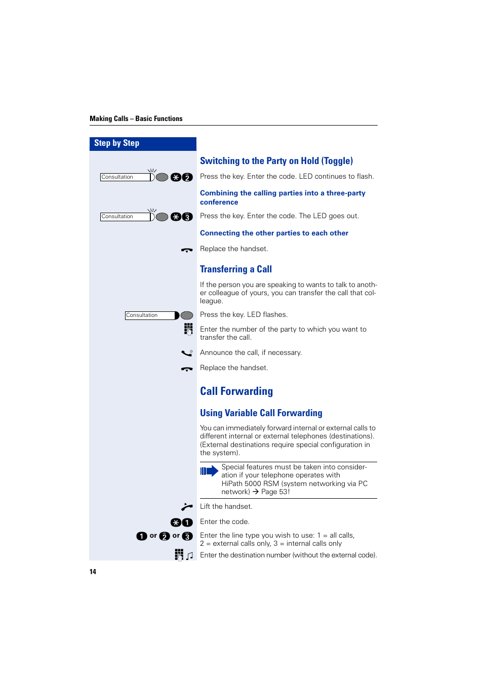 Switching to the party on hold (toggle), Transferring a call, Call forwarding | Using variable call forwarding | Siemens HIPATH 5000 User Manual | Page 14 / 72