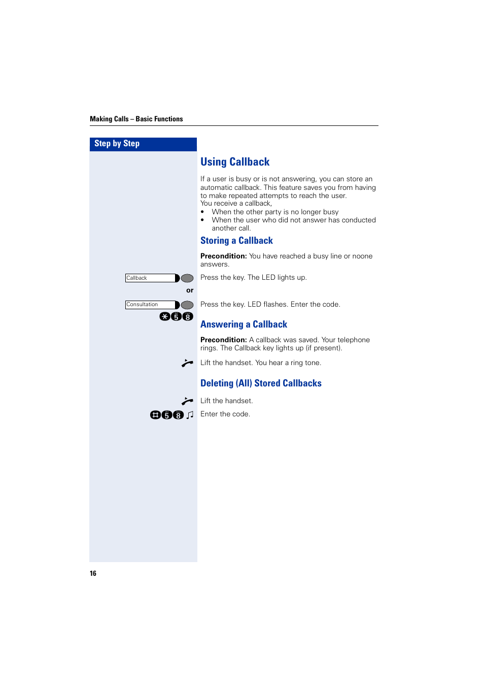 Using callback, Storing a callback, Answering a callback | Deleting (all) stored callbacks | Siemens HIPATH 5000 User Manual | Page 16 / 72