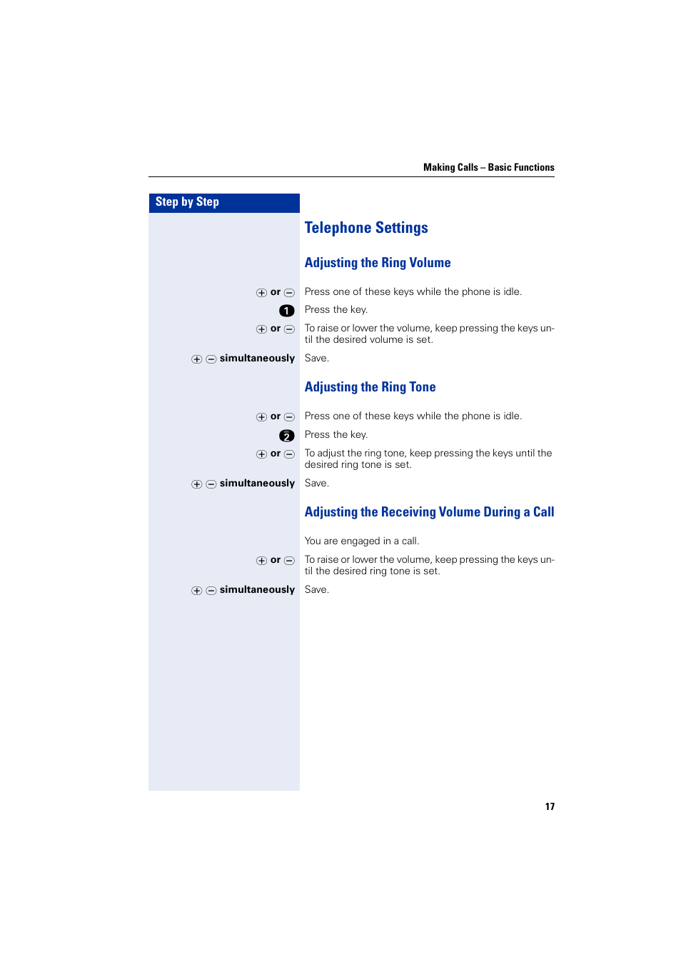 Telephone settings, Adjusting the ring volume, Adjusting the ring tone | Adjusting the receiving volume during a call | Siemens HIPATH 5000 User Manual | Page 17 / 72
