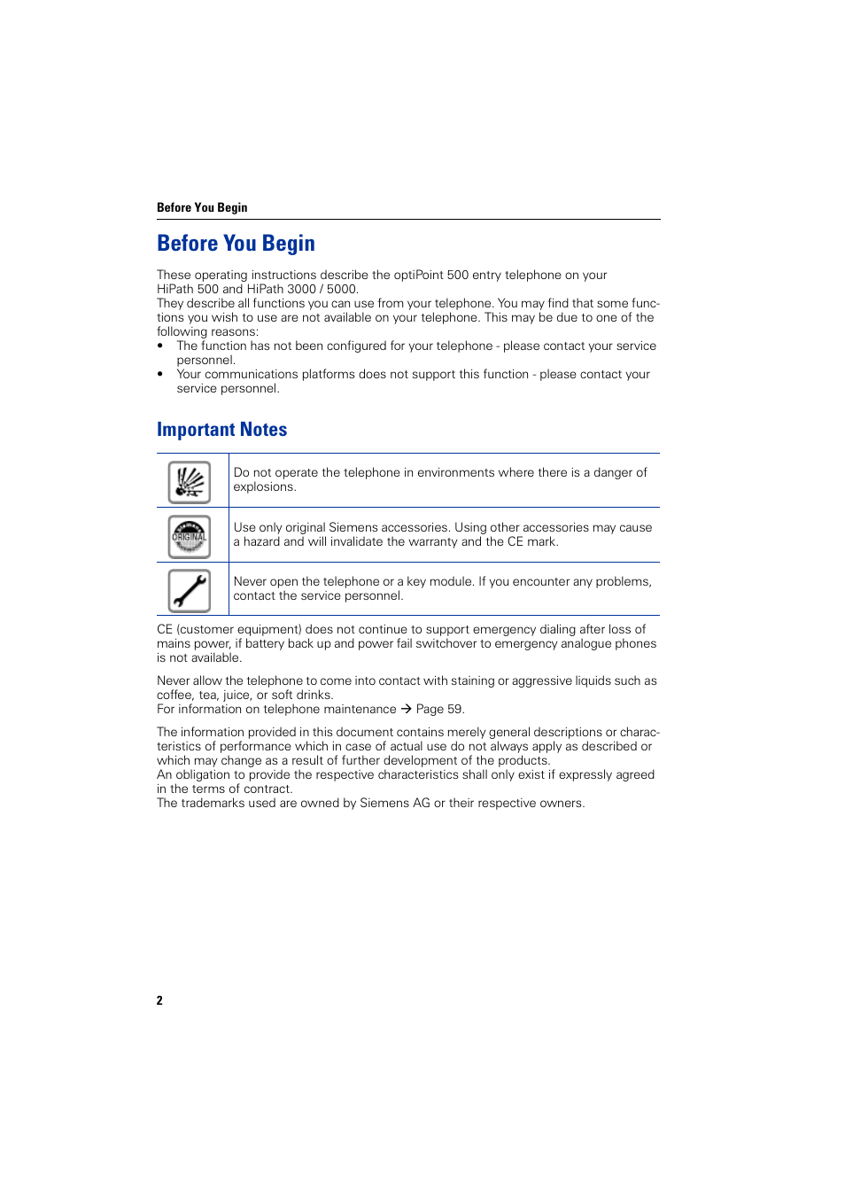 Before you begin, Important notes | Siemens HIPATH 5000 User Manual | Page 2 / 72