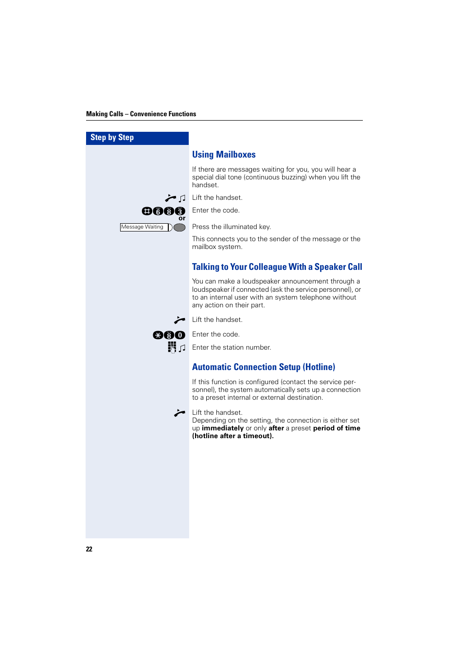 Using mailboxes, Talking to your colleague with a speaker call, Automatic connection setup (hotline) | Siemens HIPATH 5000 User Manual | Page 22 / 72