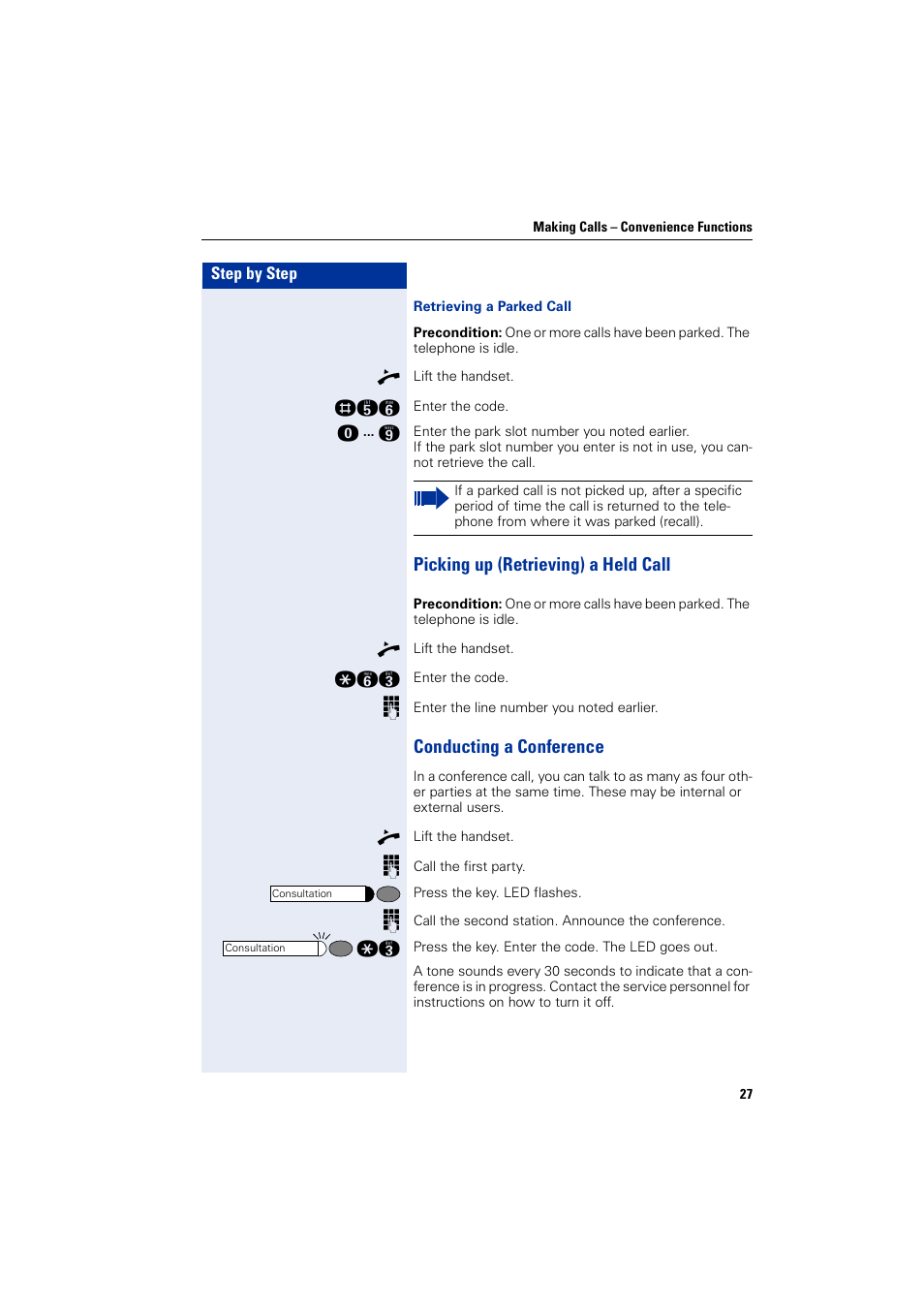 Picking up (retrieving) a held call, Conducting a conference | Siemens HIPATH 5000 User Manual | Page 27 / 72