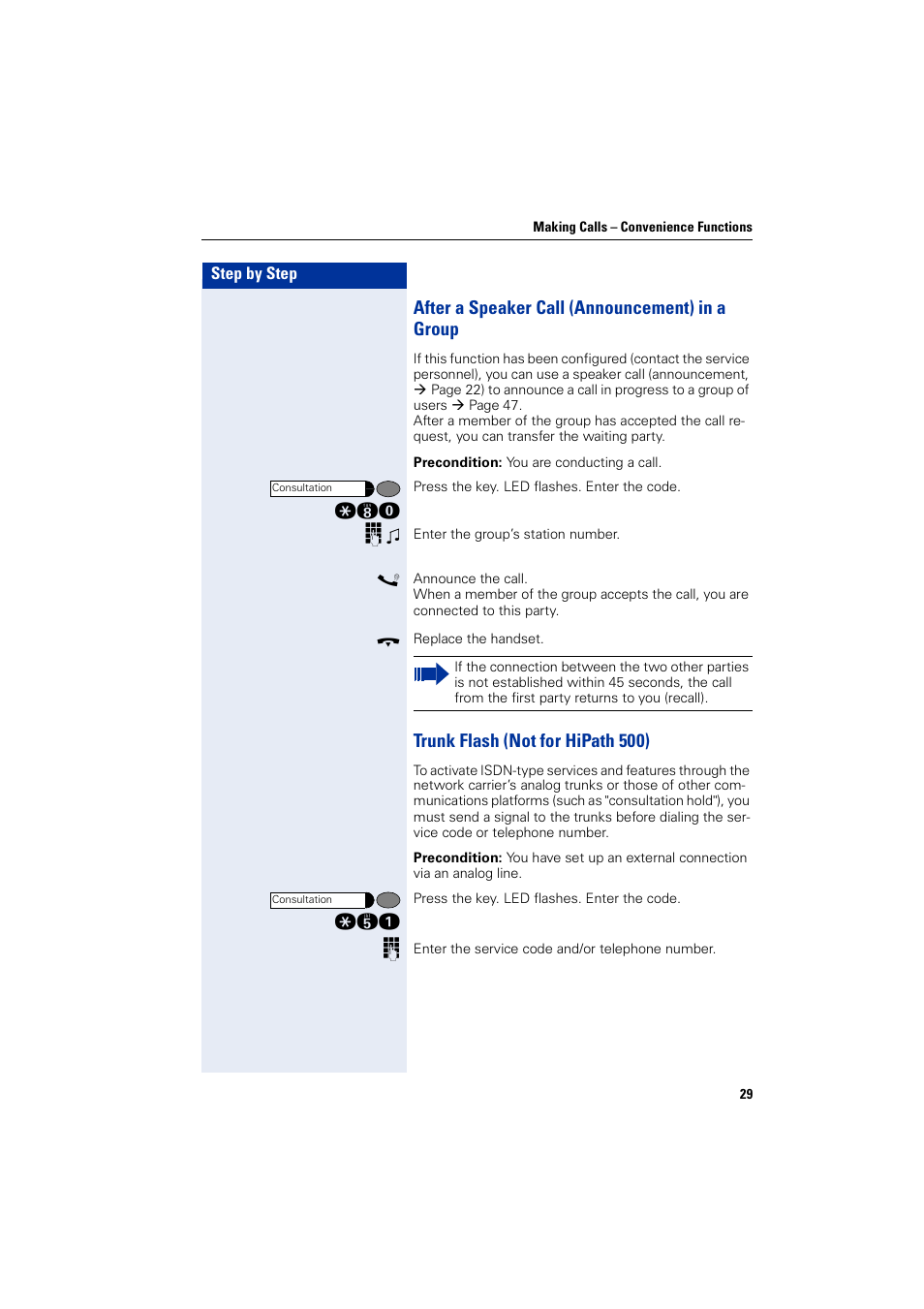 After a speaker call (announcement) in a group, Trunk flash (not for hipath500), Trunk flash (not for hipath 500) | Siemens HIPATH 5000 User Manual | Page 29 / 72