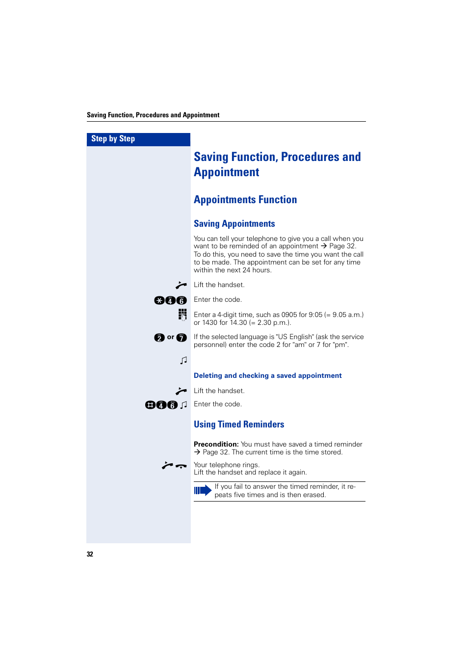 Saving function, procedures and appointment, Appointments function, Saving appointments | Using timed reminders, Saving appointments using timed reminders | Siemens HIPATH 5000 User Manual | Page 32 / 72