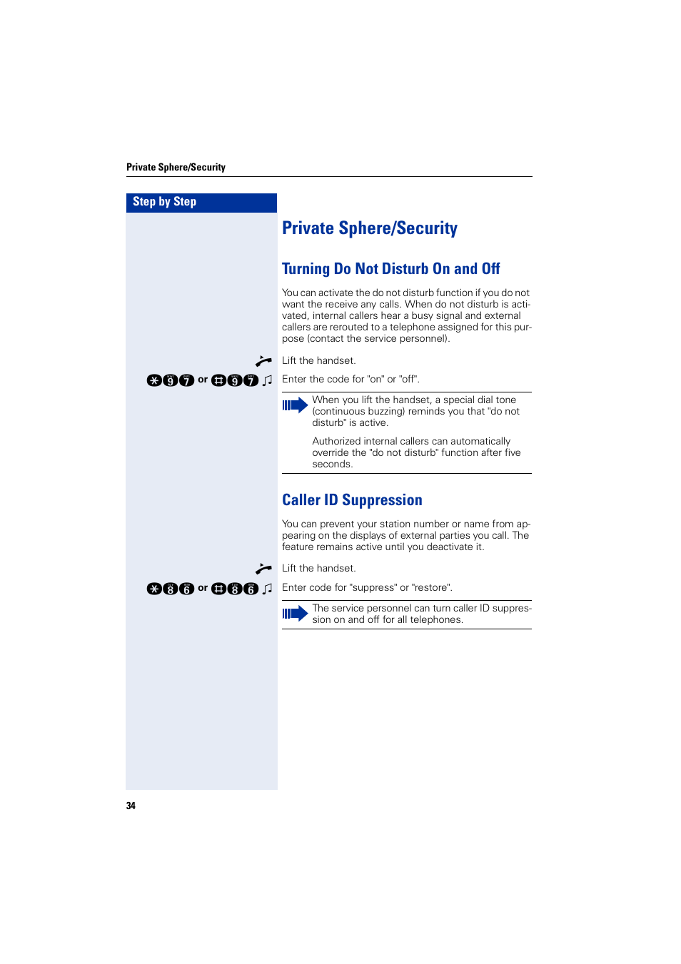 Private sphere/security, Turning do not disturb on and off, Caller id suppression | Siemens HIPATH 5000 User Manual | Page 34 / 72