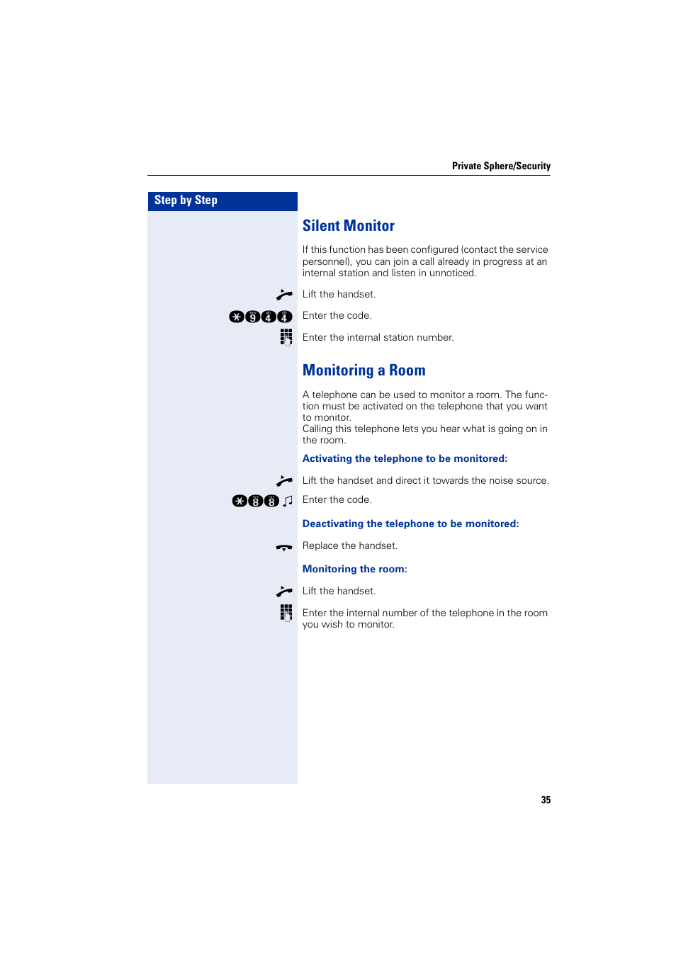 Silent monitor, Monitoring a room, Silent monitor monitoring a room | Siemens HIPATH 5000 User Manual | Page 35 / 72