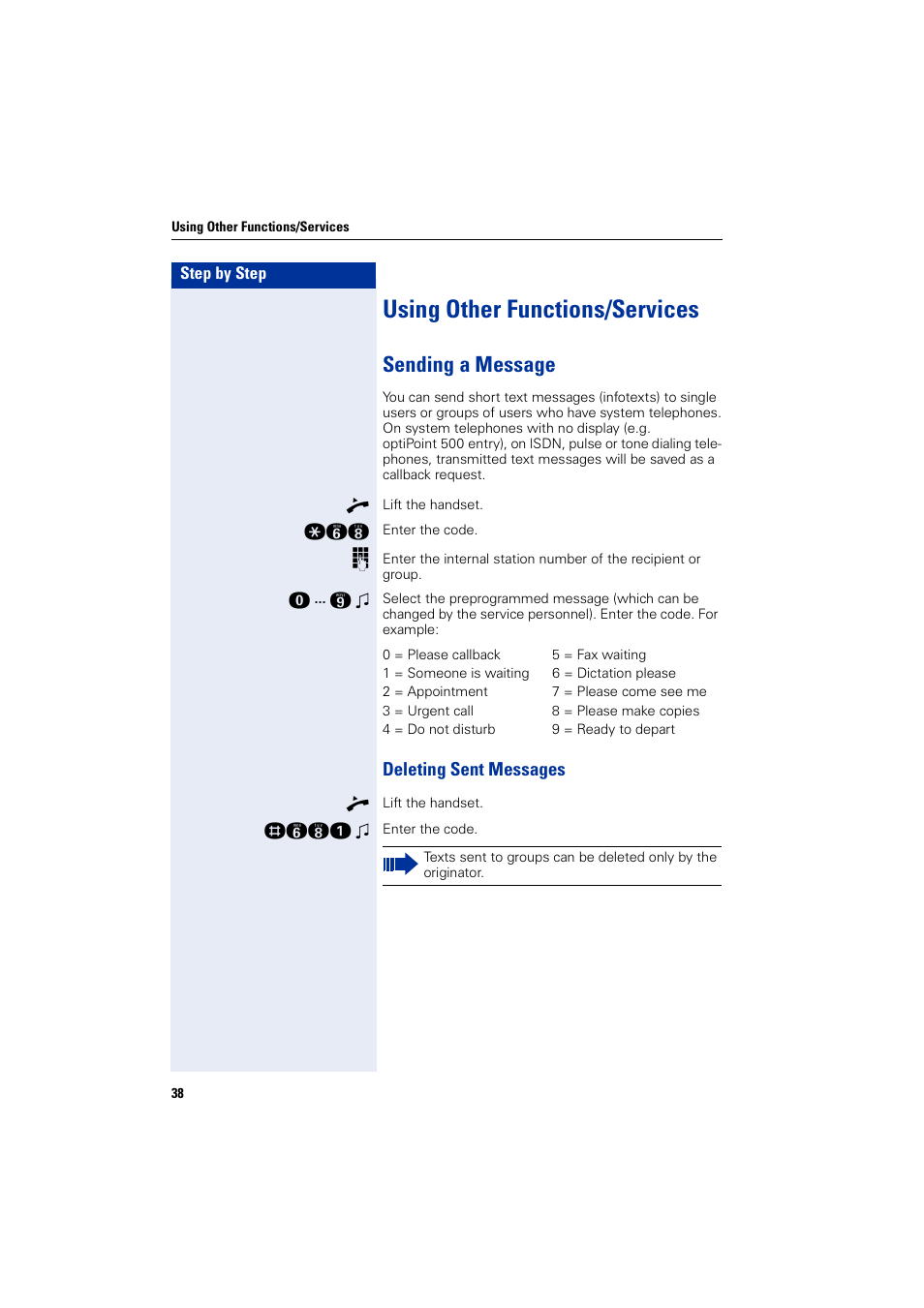 Using other functions/services, Sending a message, Deleting sent messages | Siemens HIPATH 5000 User Manual | Page 38 / 72