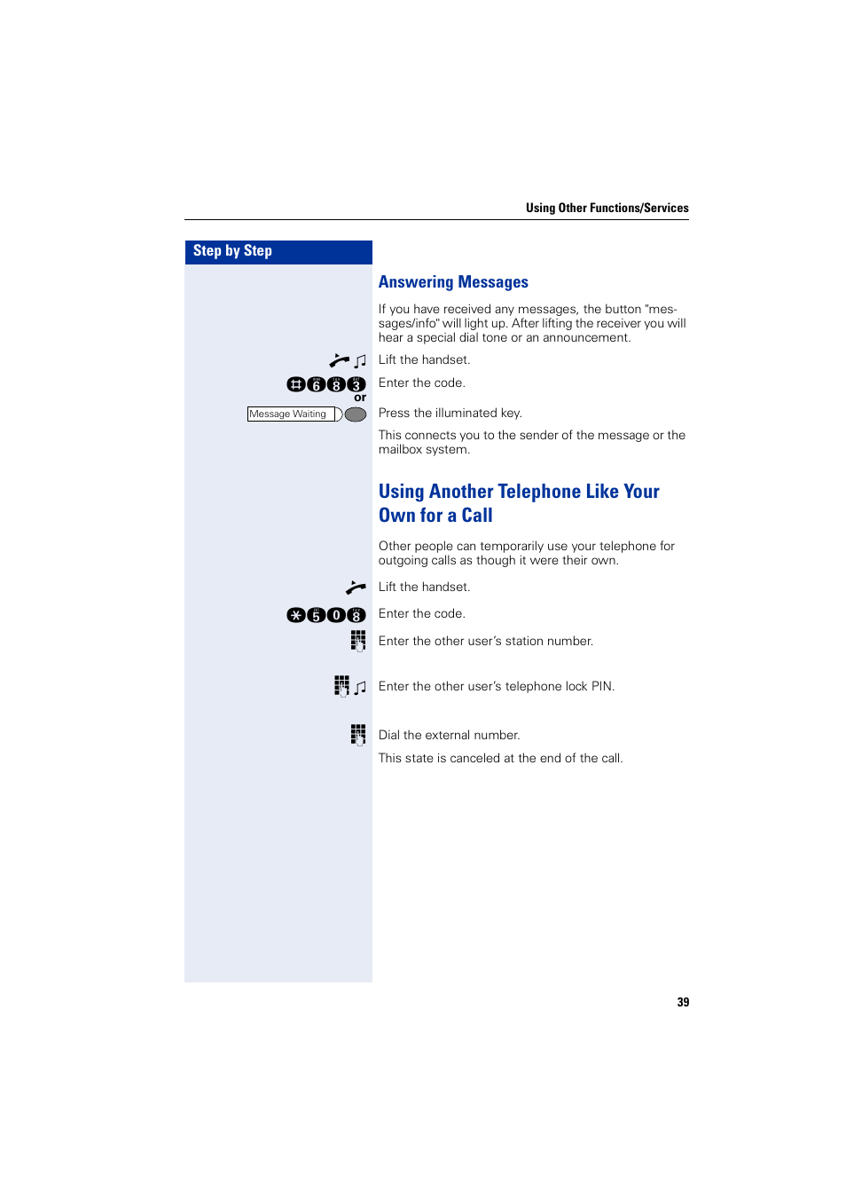 Answering messages, Using another telephone like your own for a call | Siemens HIPATH 5000 User Manual | Page 39 / 72