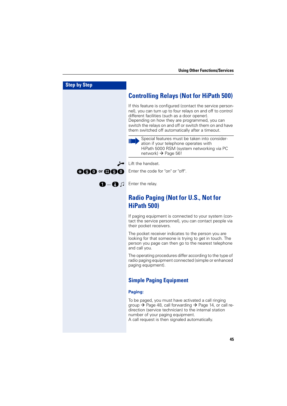 Controlling relays (not for hipath500), Radio paging (not for u.s., not for hipath500), Simple paging equipment | Controlling relays (not for hipath 500), Radio paging (not for u.s., not for hipath 500) | Siemens HIPATH 5000 User Manual | Page 45 / 72