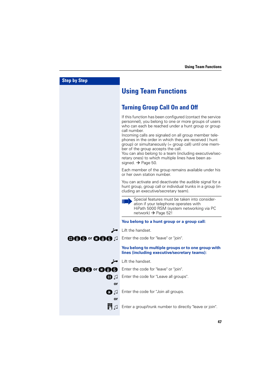 Using team functions, Turning group call on and off | Siemens HIPATH 5000 User Manual | Page 47 / 72