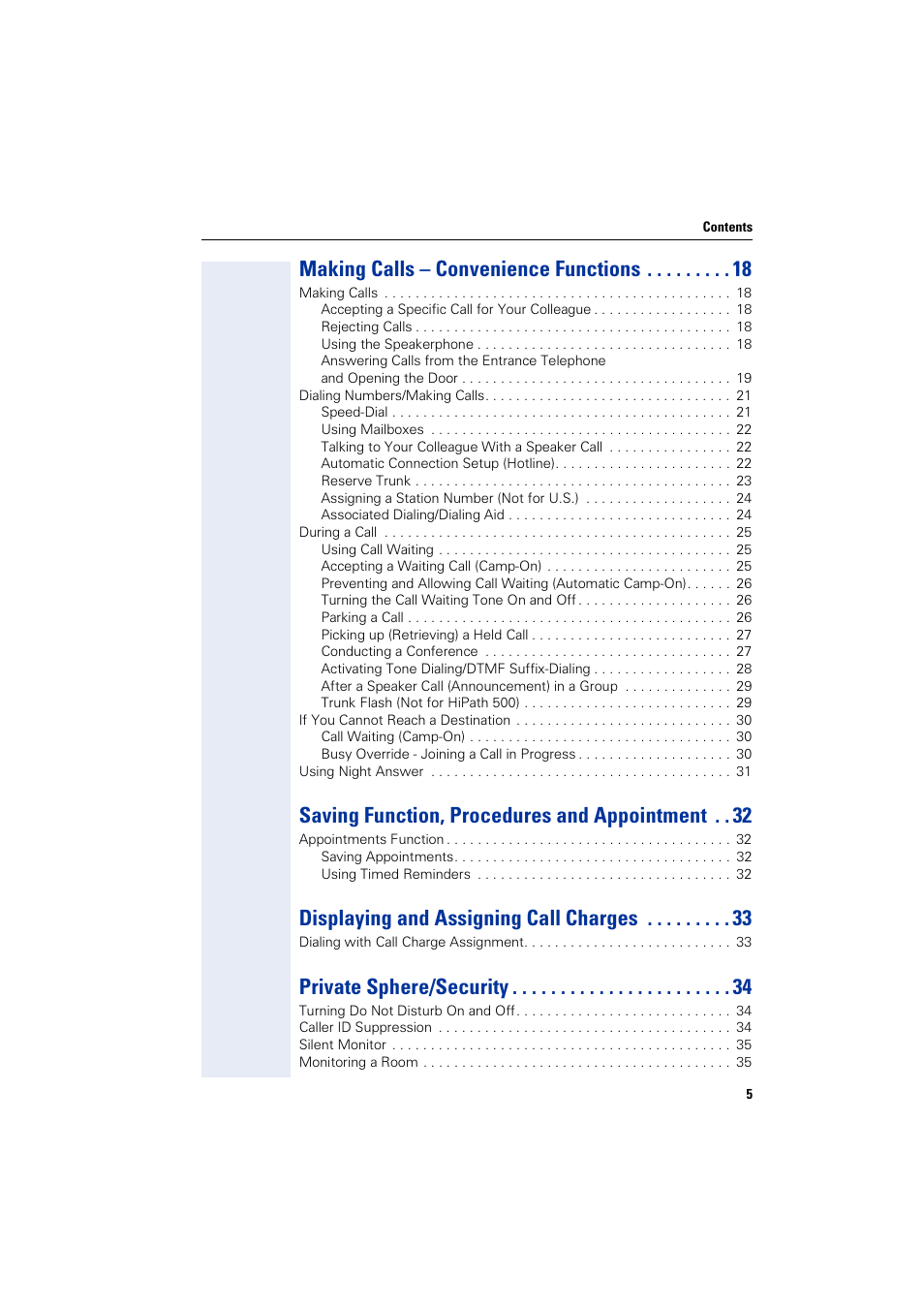 Making calls – convenience functions, Saving function, procedures and appointment, Displaying and assigning call charges | Private sphere/security | Siemens HIPATH 5000 User Manual | Page 5 / 72