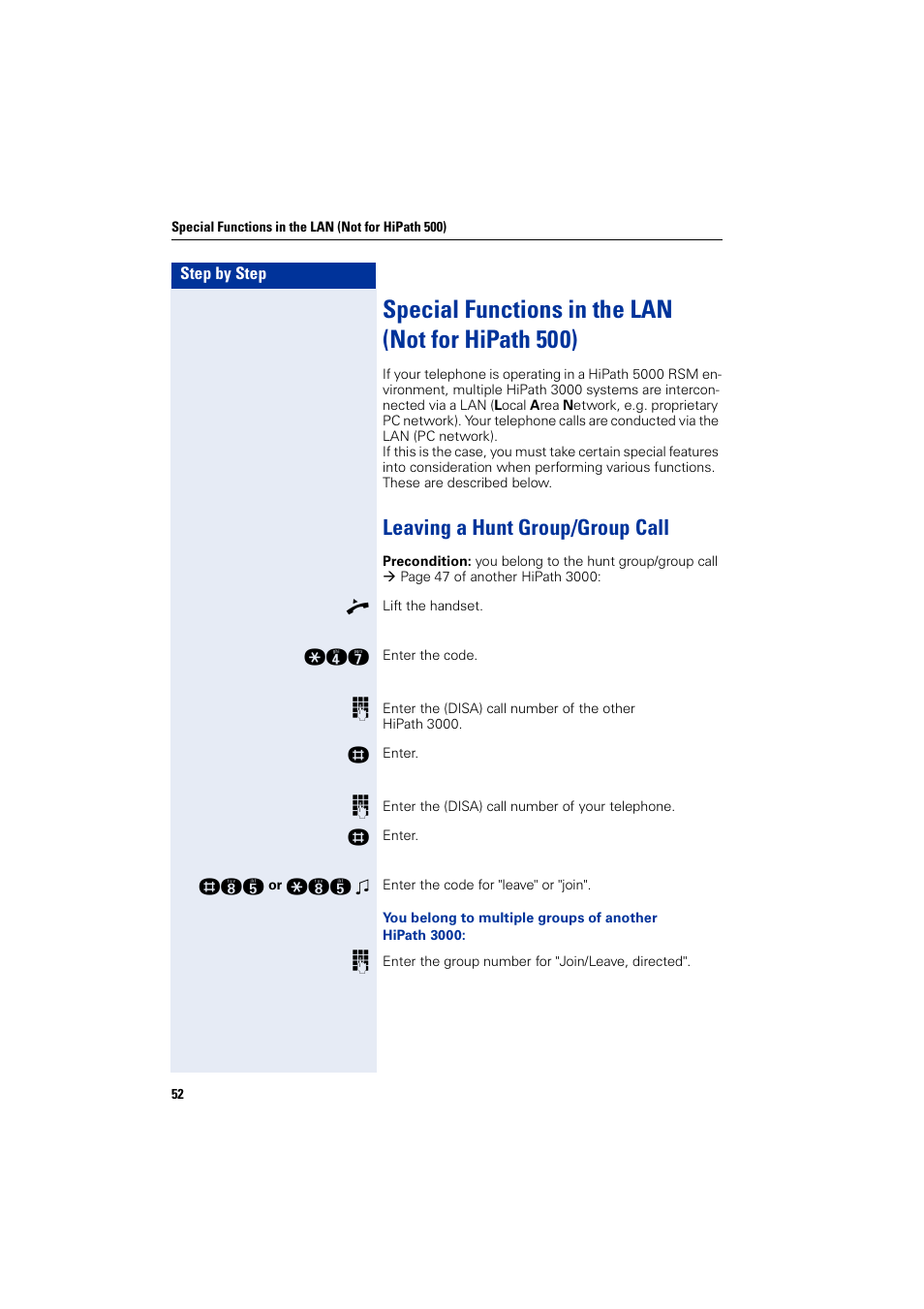 Special functions in the lan (not for hipath500), Leaving a hunt group/group call, Special functions in the lan (not for hipath 500) | Siemens HIPATH 5000 User Manual | Page 52 / 72