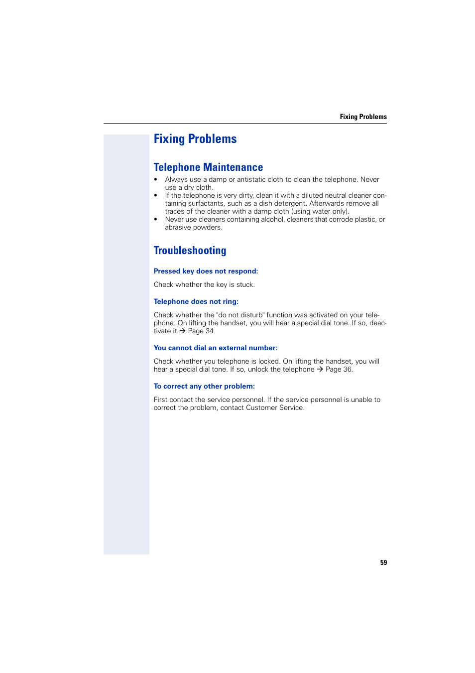 Fixing problems, Telephone maintenance, Troubleshooting | Telephone maintenance troubleshooting | Siemens HIPATH 5000 User Manual | Page 59 / 72