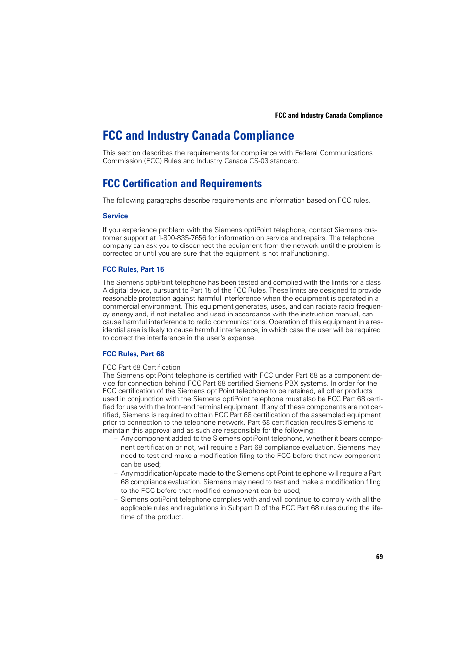 Fcc and industry canada compliance, Fcc certification and requirements | Siemens HIPATH 5000 User Manual | Page 69 / 72