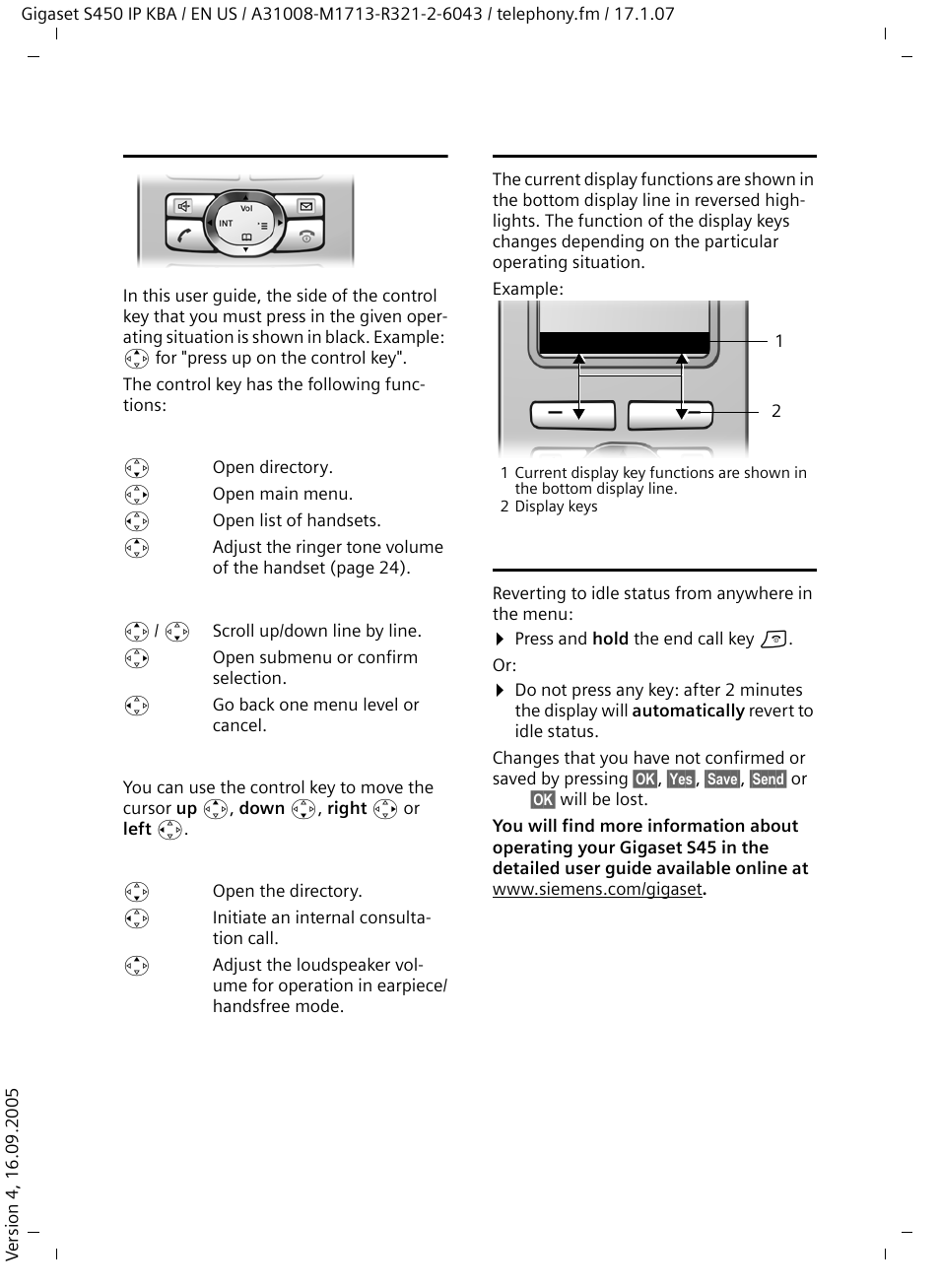 Control key, Display keys, Reverting to idle status | Control key display keys reverting to idle status | Siemens Gigaset S450IP User Manual | Page 19 / 44