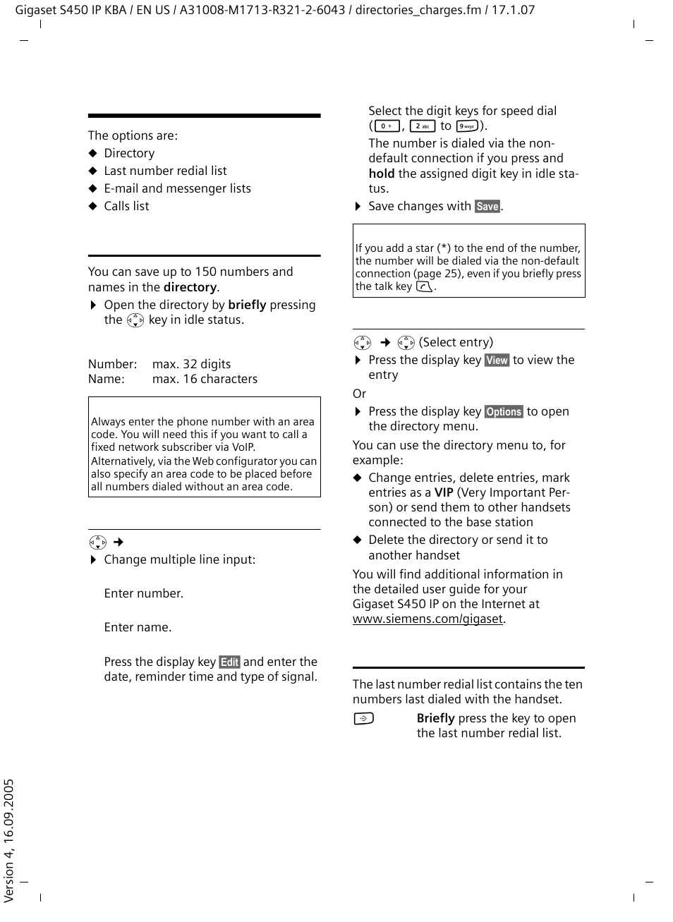 Using the directory and lists, Directory, Saving a number in the directory | Managing directory entries, Last number redial list, Directory last number redial list | Siemens Gigaset S450IP User Manual | Page 20 / 44