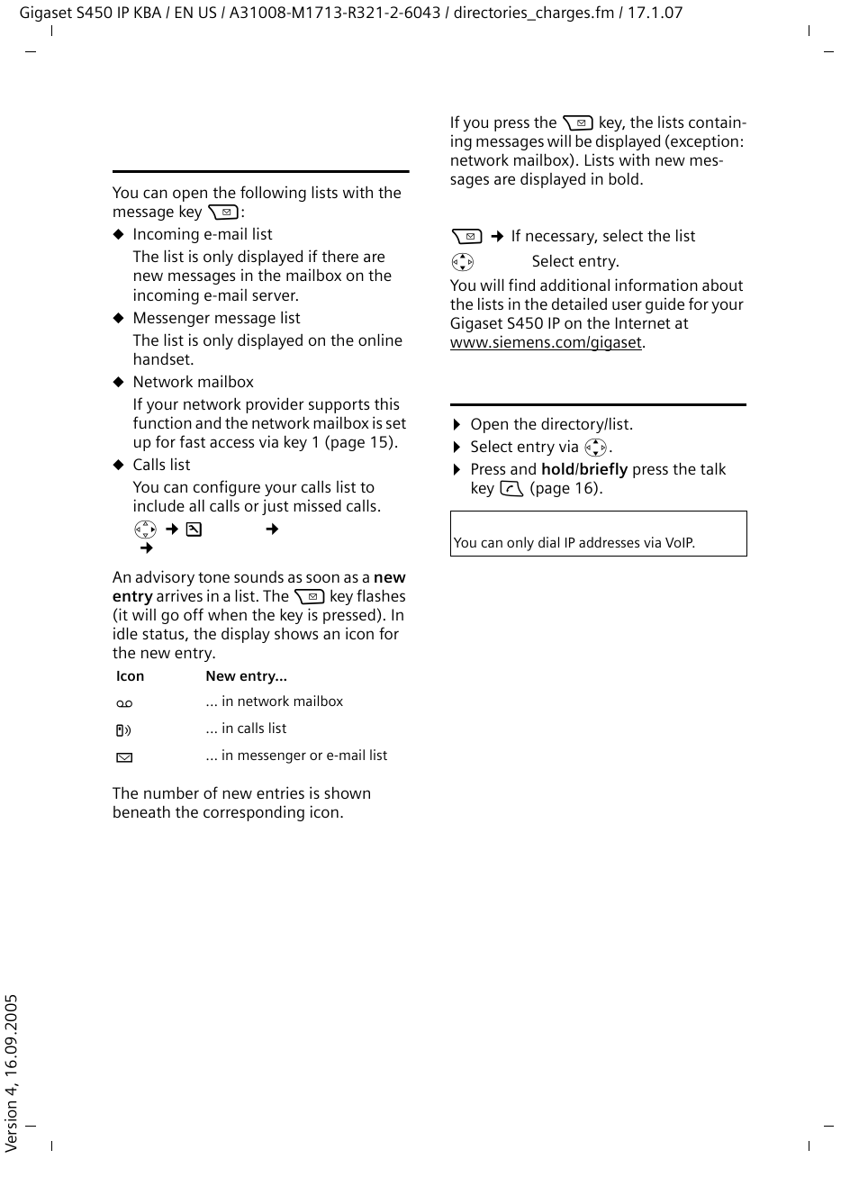 Opening lists with the message key, Dialing from the directory/list | Siemens Gigaset S450IP User Manual | Page 21 / 44