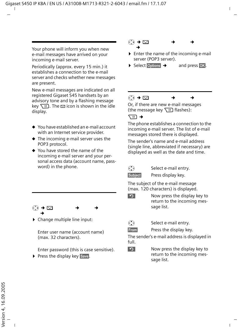 E-mail notifications, Opening the incoming message list | Siemens Gigaset S450IP User Manual | Page 22 / 44