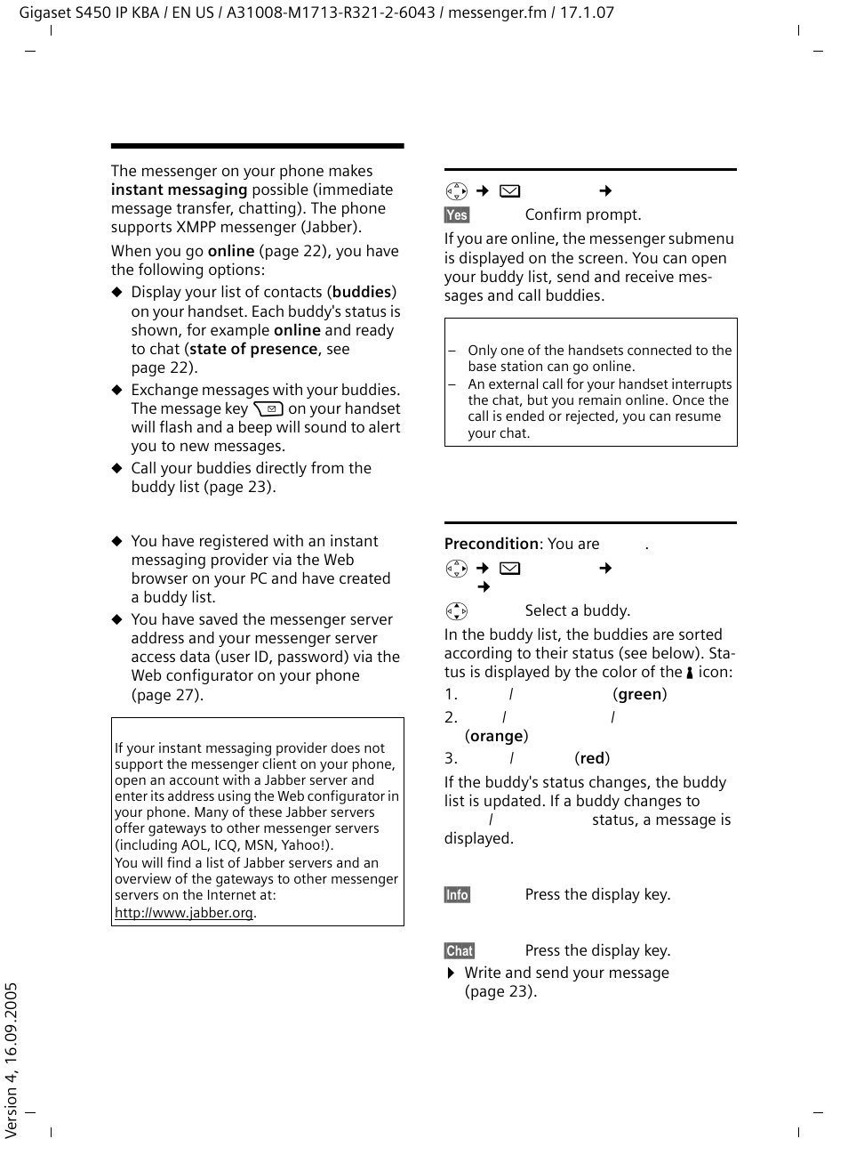 Messenger, Establishing a connection, going online, Opening the buddy list and chatting | Siemens Gigaset S450IP User Manual | Page 23 / 44