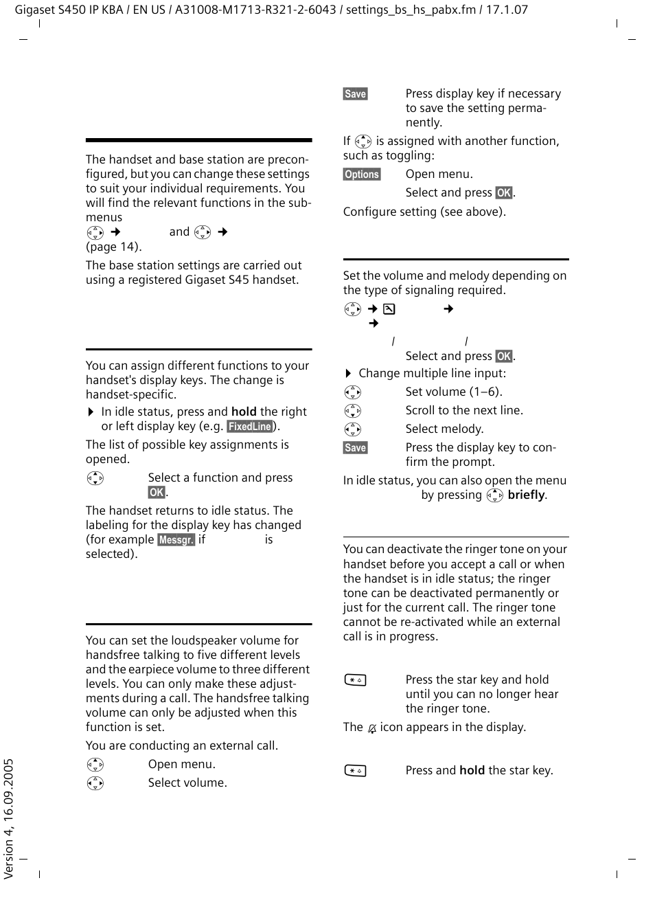 Handset/base station settings, Changing the handset display keys, Adjusting the loudspeaker volume | Setting ringer tones, Activating/deactivating the ringer tone | Siemens Gigaset S450IP User Manual | Page 25 / 44