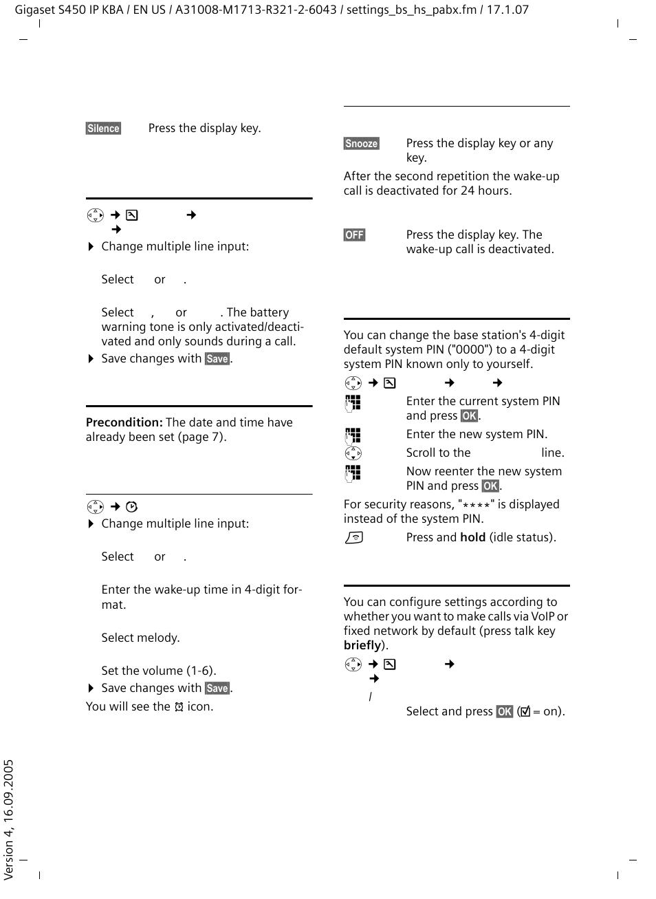 Activating/deactivating advisory tones, Setting the alarm clock, When the alarm clock rings | Changing the system pin on the base station, Setting default connection | Siemens Gigaset S450IP User Manual | Page 26 / 44